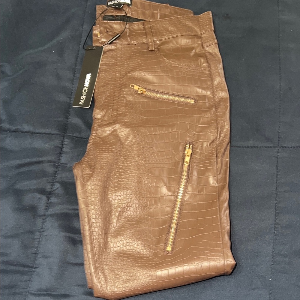 Fashion Nova Brown Croc-Embossed Pants with Gold Accents